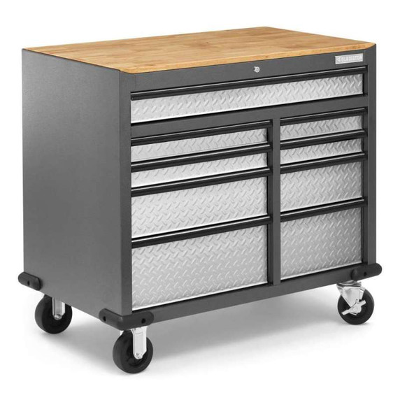 Gladiator® Premier 41 inch (104.1 cm) 9-drawer Mobile Tool Workbench with Solid Wood Top GAMT41HWJG