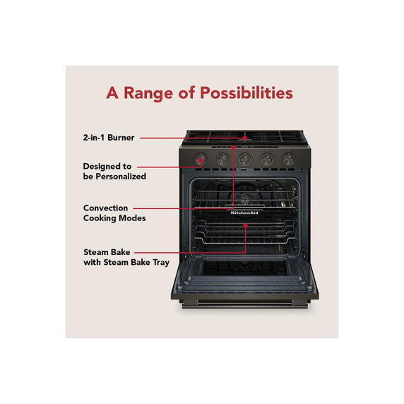 Kitchenaid® 5.0 Cu. Ft. Smart Slide-in Gas Range with Convection Cooking Modes and 2-in-1 Burner KSGS530SBE