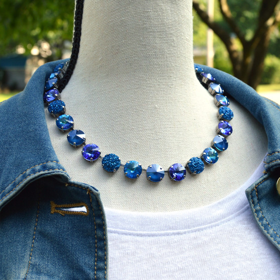 Antique Silver | Blue Crush | 12mm Crystal Necklace 3/4 Length