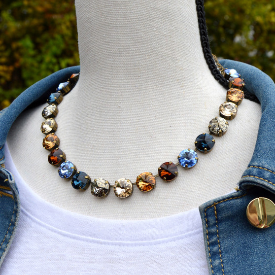 Antique Brass | Autumn Blues | 3/4 Length | 12mm Crystal Necklace Antique Brass | Autumn Blues | 3/4 Length | 12mm Crystal Necklace