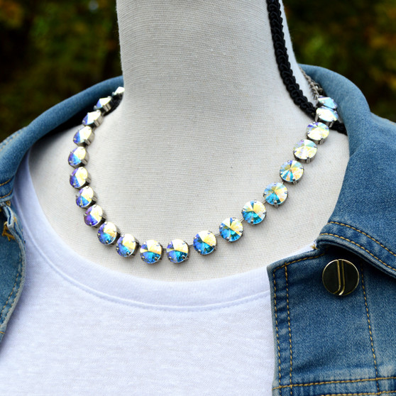 Antique Silver | Aurora Borealis | 3/4 Length | 12mm Crystal Necklace Antique Silver | Aurora Borealis | 3/4 Length | 12mm Crystal Necklace