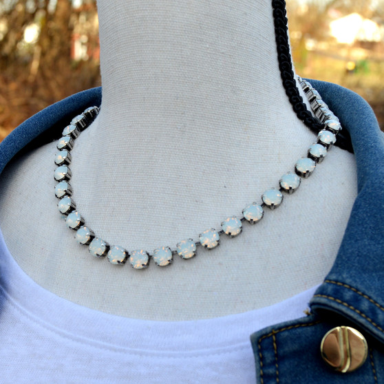 Antique Silver | White Opal | 8.5mm Crystal Necklace