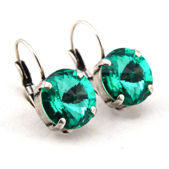 Antique Silver | Caribbean Green | 12mm Crystal Earrings