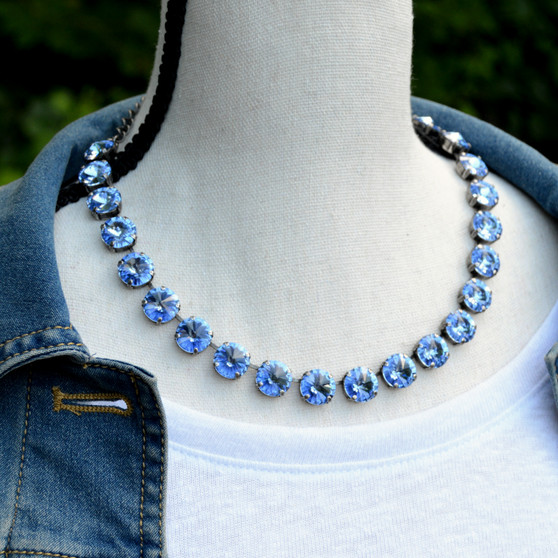 Antique Silver | Light Sapphire | 3/4 Length | 12mm Crystal Necklace