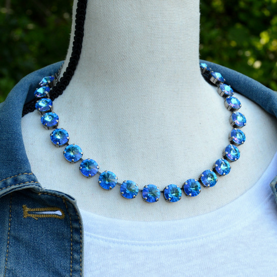 Antique Silver | Royal Blue Delite | 3/4 Length | 12mm Crystal Necklace