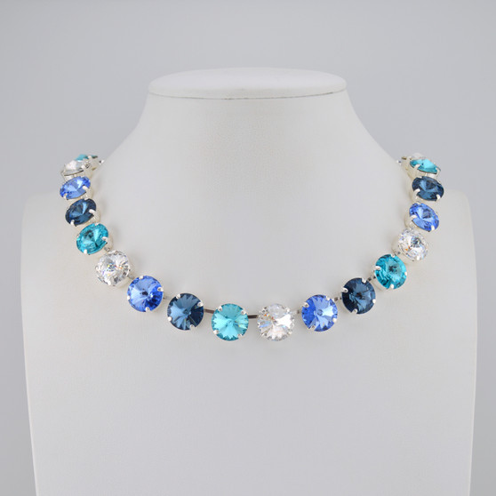 Shiny Silver | Sapphire Blues | 3/4 Length | 12mm Crystal Necklace