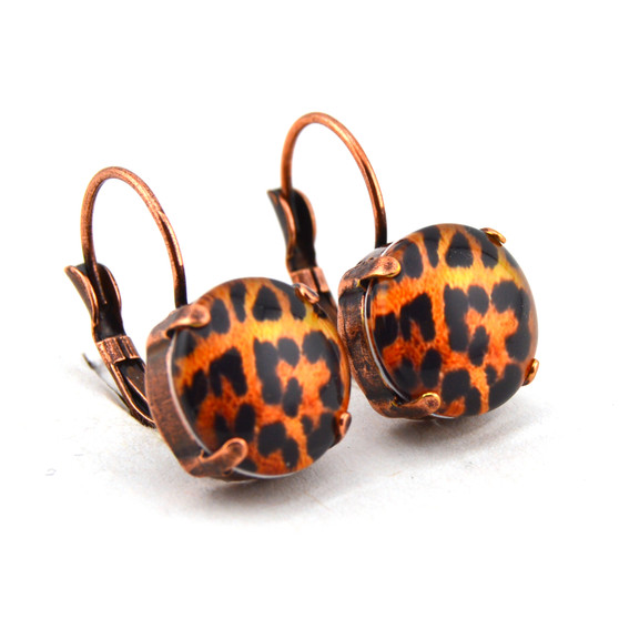 Antique Copper | Cheetah Print | 12mm Crystal Drop Earrings