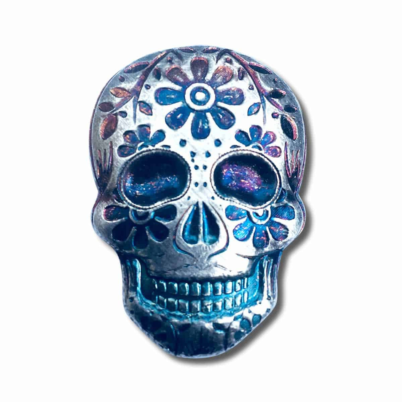 2 oz .999 Fine Silver Sugar Skull - Monarch 3D Art Bar Day of the Dead -  Marigold