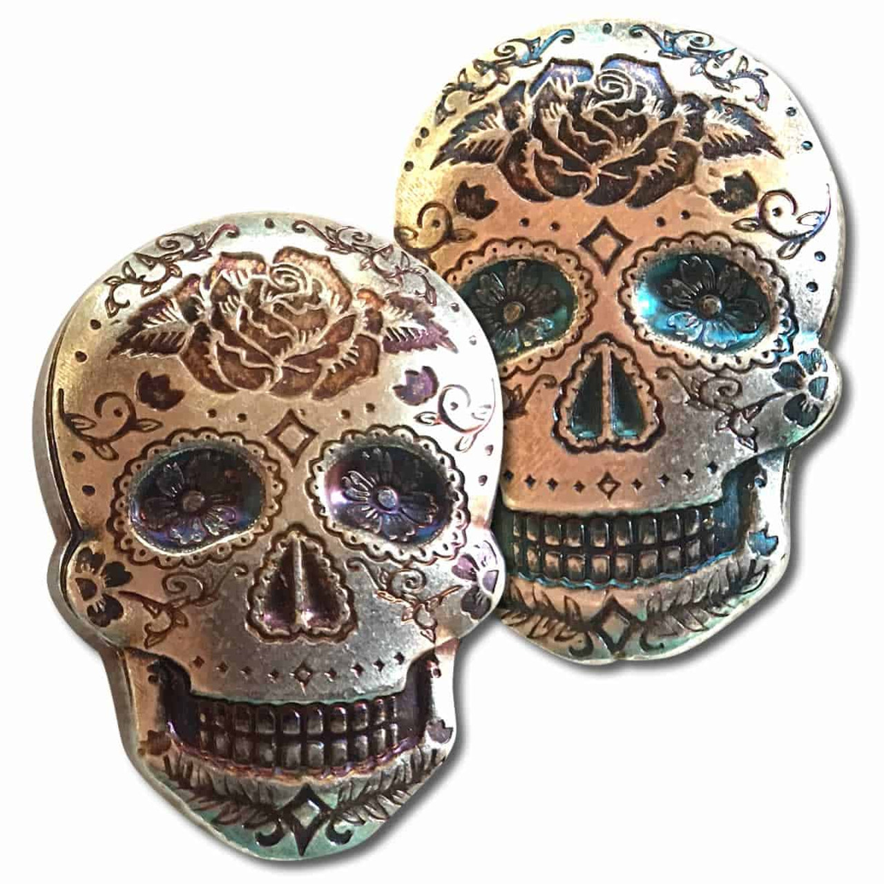 2 oz .999 Fine Silver Sugar Skull - Monarch 3D Art Bar Day of the Dead -  Rose