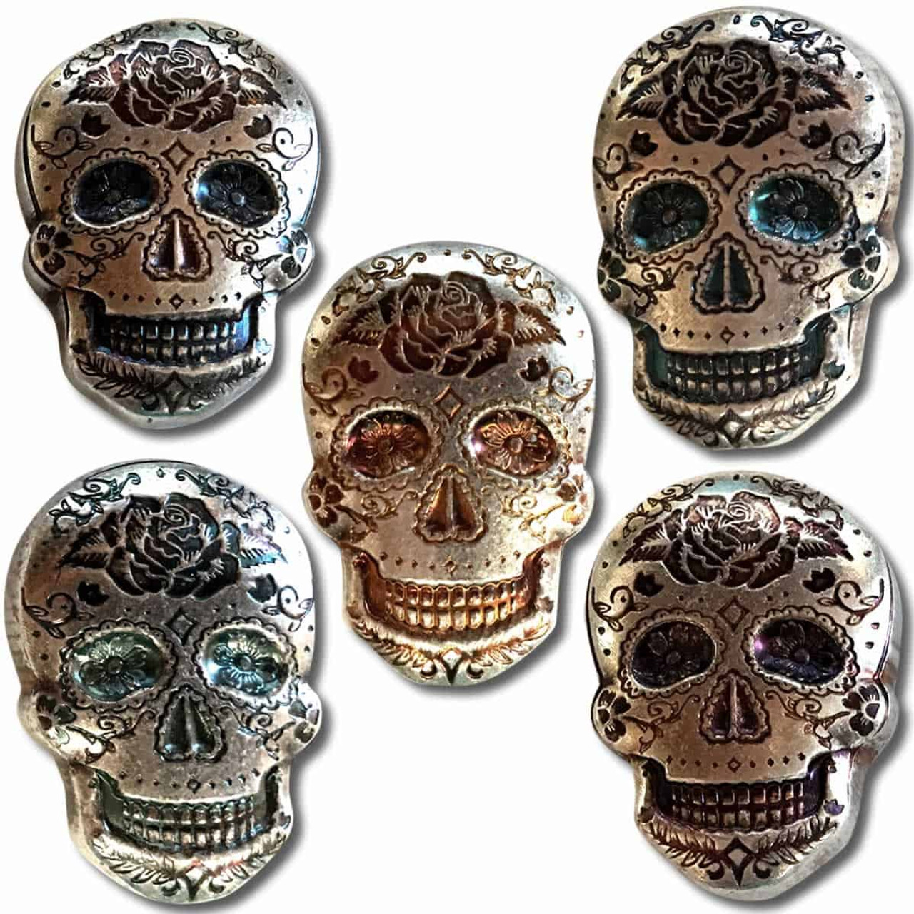 2 oz .999 Fine Silver Sugar Skull - Monarch 3D Art Bar Day of the Dead -  Rose