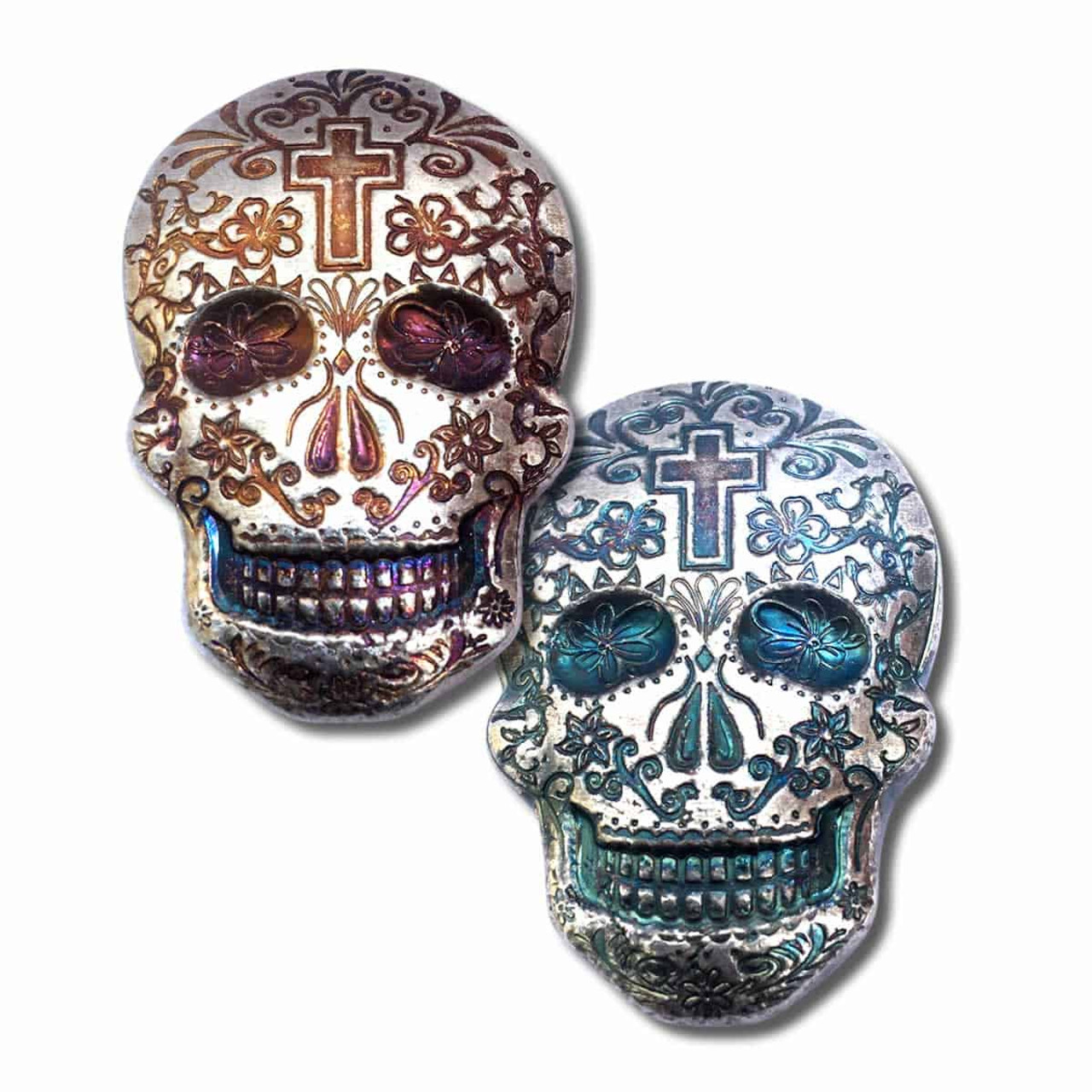 2 oz .999 Fine Silver Sugar Skull - Monarch 3D Art Bar Day of the Dead -  Cross