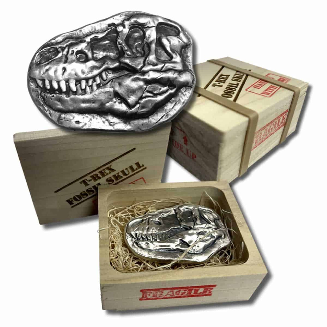 3 oz .999 Fine Silver - T-Rex Dinosaur Fossil Skull Bar with Wood Crate