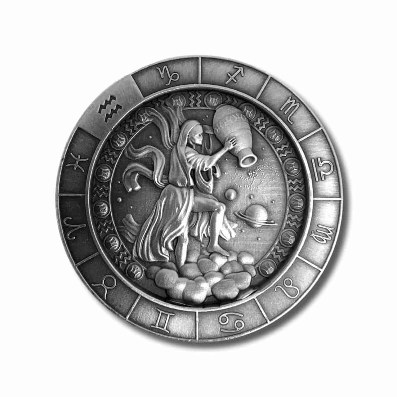 1 oz .999 Fine Silver Zodiac Round - Aquarius the Water Bearer with Capsule  & Gift Pouch