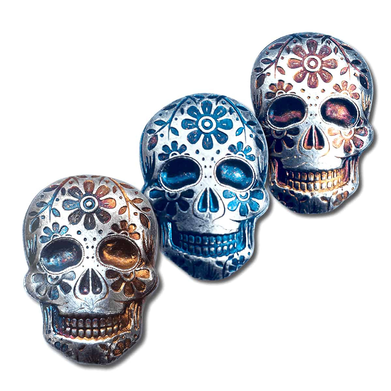 2 oz .999 Fine Silver Sugar Skull - Monarch 3D Art Bar Day of the Dead -  Marigold with Walnut Box