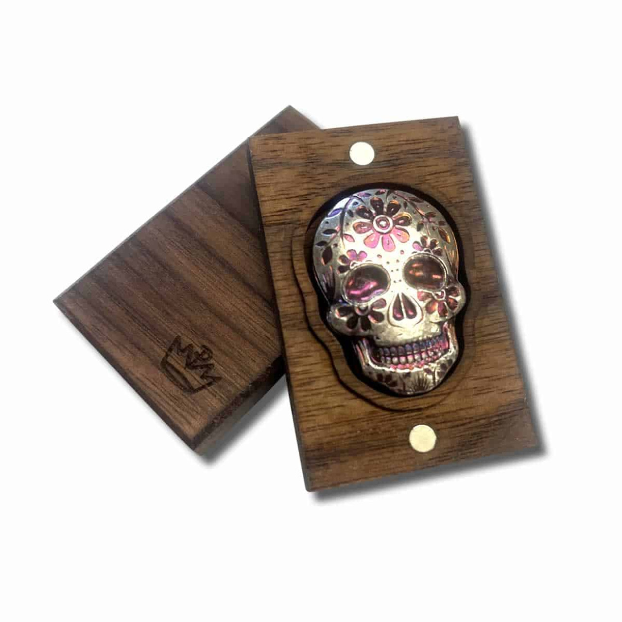 2 oz .999 Fine Silver Sugar Skull - Monarch 3D Art Bar Day of the Dead -  Marigold with Walnut Box