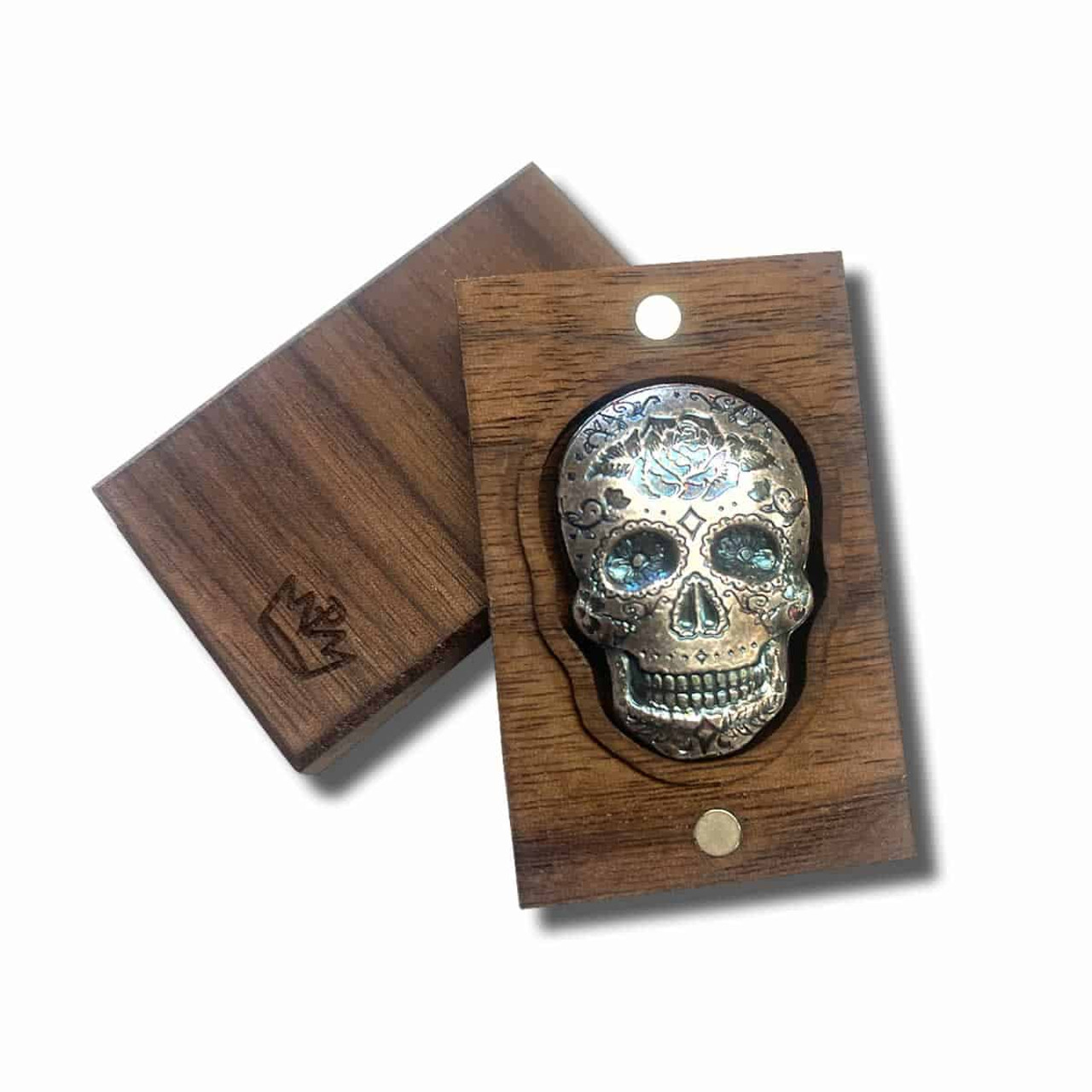 2 oz .999 Fine Silver Sugar Skull - Monarch 3D Art Bar Day of the Dead -  Rose with Walnut Box