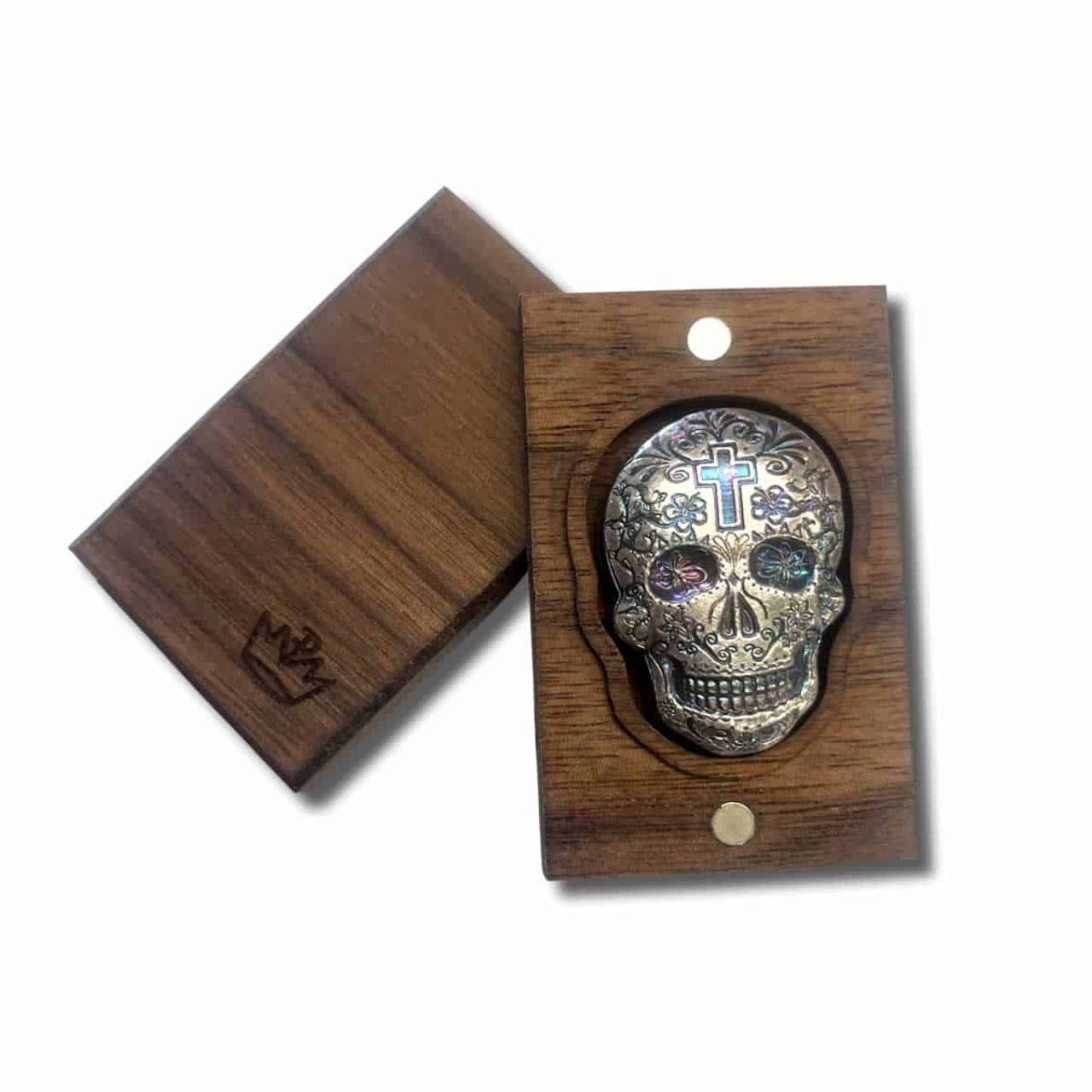 2 oz .999 Fine Silver Sugar Skull - Monarch 3D Art Bar Day of the Dead -  Cross with Walnut Box