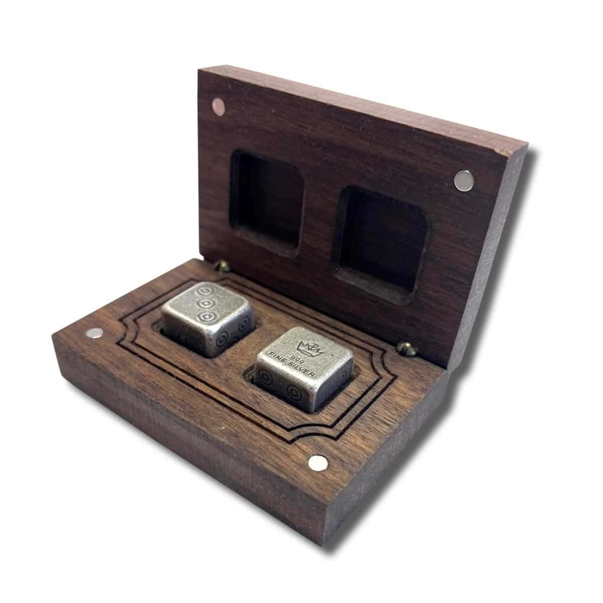 Pair of .999 Fine Silver Handcrafted Gaming Dice with Wooden Box