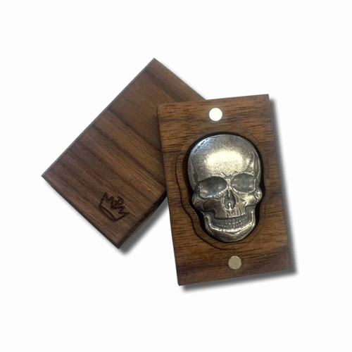 2 oz .999 Fine Silver Human Skull - Monarch 3D Art Bar with Antique Finish and Walnut Display Box