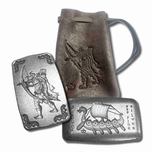 5 oz .999 Fine Silver Bar - Monarch Viking Archer with Bow and Arrow and Custom Leather Pouch Composite