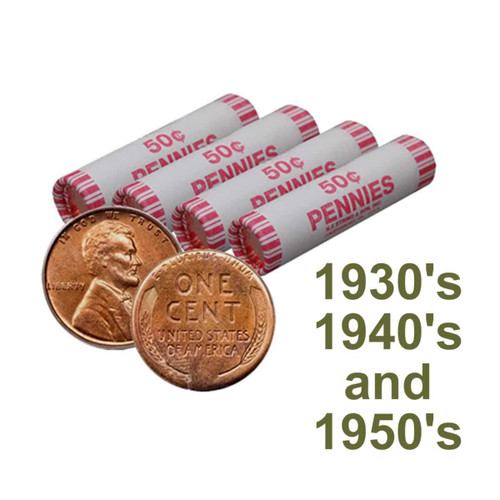 Wheat Cents - 1930's , 40's, and 50's Only (Non-Steel, Roll of 50 Coins) Roll