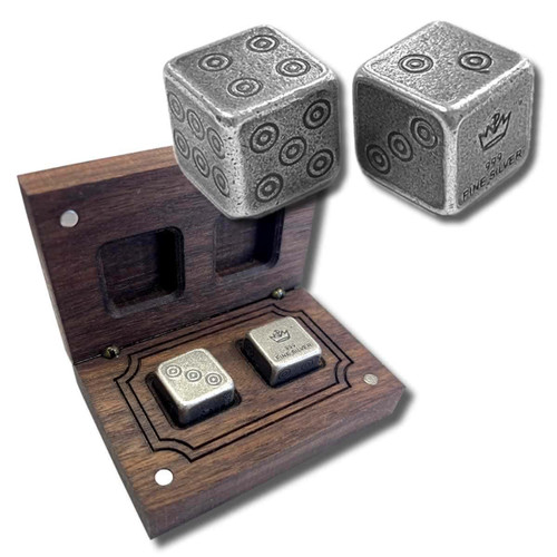 Pair of .999 Fine Silver Handcrafted Gaming Dice with Wooden Box - Viking Design