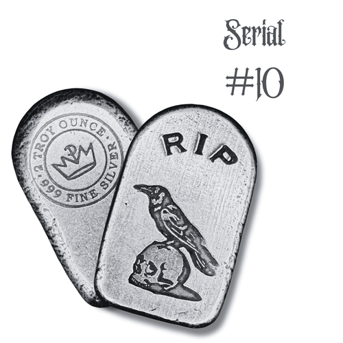 2 oz .999 Fine Silver - Limited Edition Skull and Raven Tombstone Bar (Serial Number 10)