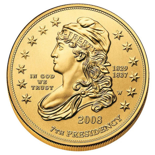 a depiction of Liberty inspired by the Capped Bust, Lettered Edge Half Dollar struck from 1807 to 1836, reflecting the era of Jackson’s presidency.