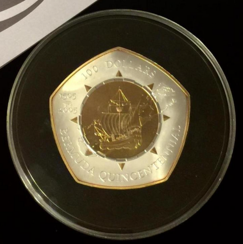 Subject-specific design related to Bermuda's history, often labeled "500th Anniversary of Discovery".