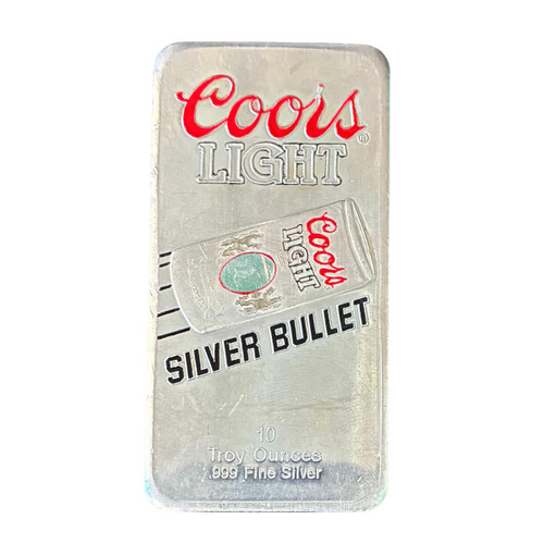 Features the classic Coors Light “Silver Bullet” can design, complete with enamled and polished finishes. The weight and purity are stamped on the surface.
