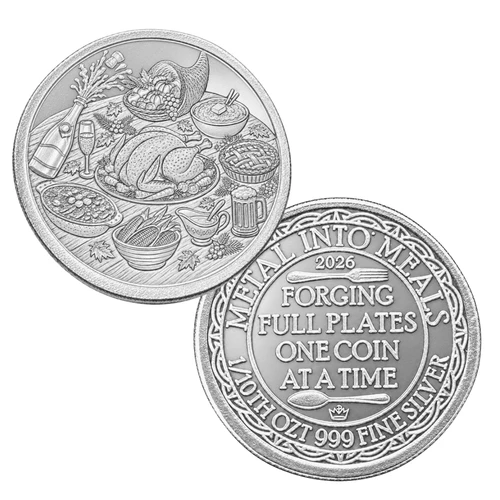 1/10 oz .999 Fine Silver Round - 2026 Metal to Meals - 1 Gram .999 Fine Silver Round - 2026 Metal to Meals - Includes $3 Charitable Donation