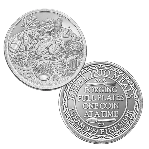 1 Gram .999 Fine Silver Round - 2026 Metal to Meals 1 Gram .999 Fine Silver Round - 2026 Metal to Meals - Includes $1 Charitable Donation
