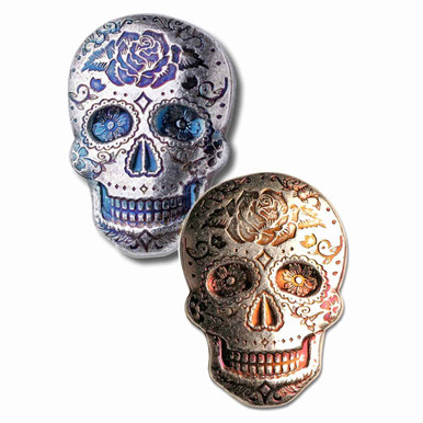 2 oz .999 Fine Silver Sugar Skull - Monarch 3D Art Bar Day of the Dead -  Rose