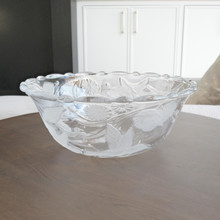 Exquisite Crystal Clear Studios glass bowl with a nature-inspired frosted hummingbird & floral design. A timeless classic for entertaining or décor!