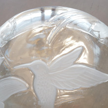Delightful Crystal Clear Studios glass bowl with intricate frosted and embossed hummingbirds & flowers. Scalloped rim adds elegance—perfect for serving, display, or gifting!