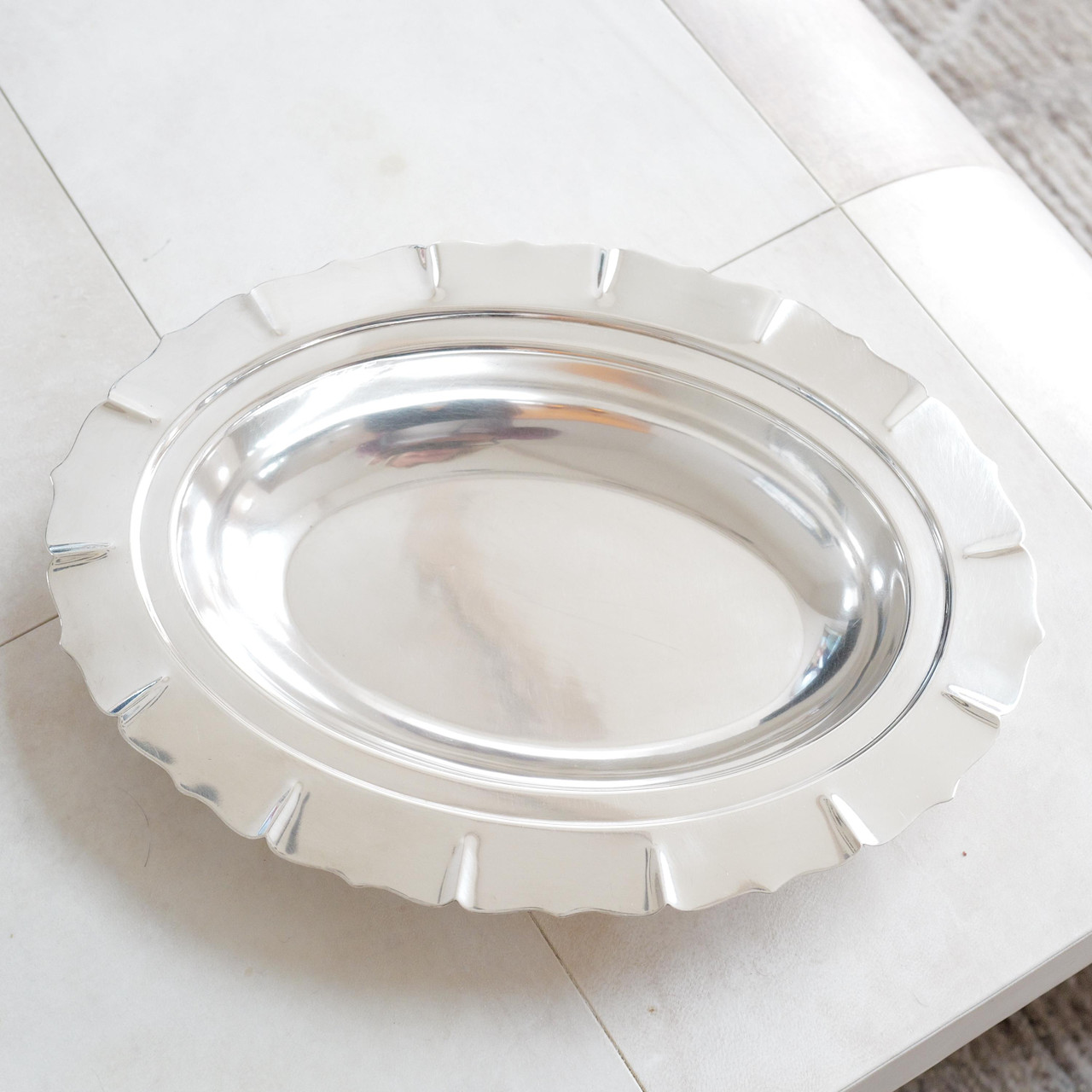 Vintage Art Deco Silver Plate Catchall Bowl Made in 1930s - Decorative Silver Plate Dish - Scalloped Edges - Oval Trinket Tray