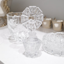 Bold and interesting vintage pressed glass perfume bottle, made in the United States.