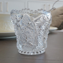 Vintage clear glass toothpick holder with sawtooth top and textural pattern.  Made in America by the Imperial Glass company.