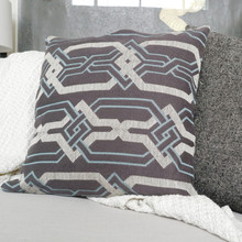 This 20" x 20" pillow cover is sustainably made with a heavy-weight designer deadstock fabric in a charcoal grey fabric that is highlighted with light blue and white diamond chain geometric patterns.  The charcoal grey background is rich and saturated and trends towards brown.