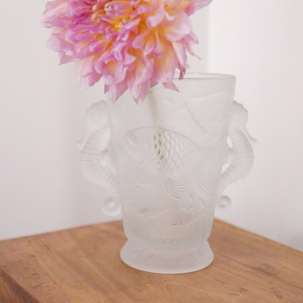 This frosted glass vase features seahorse handles and a swimming fish relief.  It has a frosted matte finish.  The vase is vintage Barolac Czech Glass made by Josef Inwald in the 1930s.  Pure elevated whimsy!