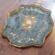 This ornate wood tray with brass gallery and marquetry detail is ideal for serving cocktails, tea, or simply as a vanity display.