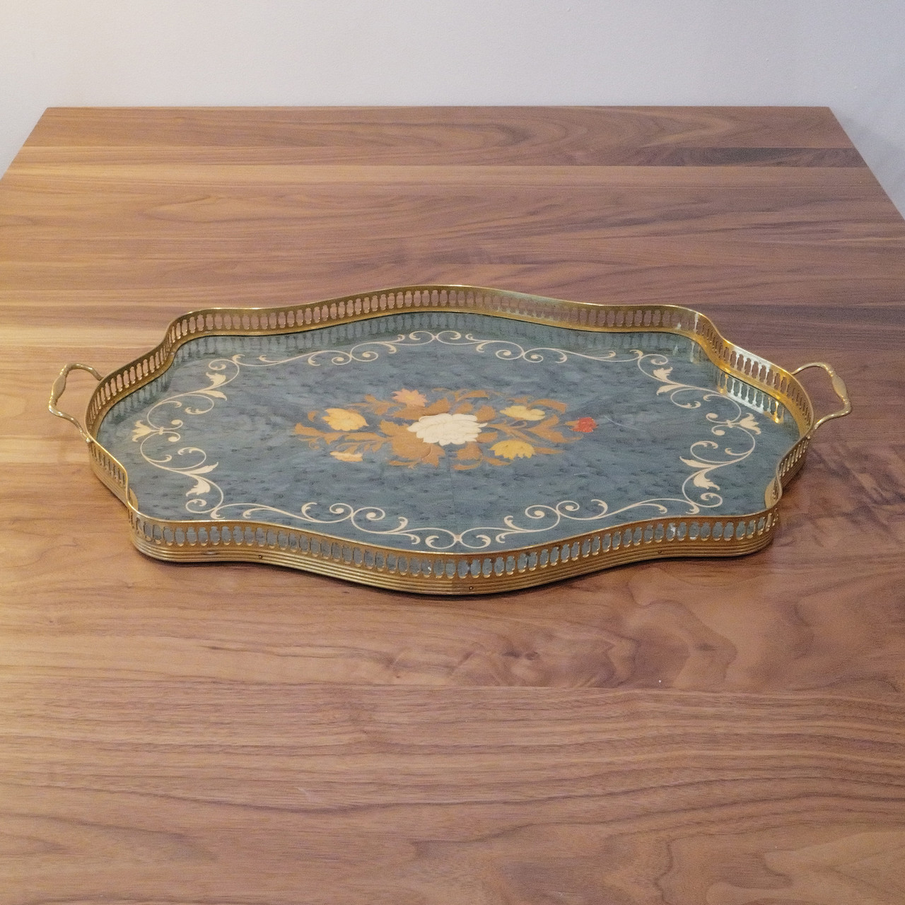 Elegant vintage Italian wood serving tray with brass gallery, floral marquetry, and scalloped handles.  Perfect vintage decor for bar, vanity, or décor.
