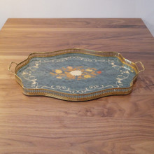 This vintage Italian serving tray features exquisite marquetry floral inlay with a brass gallery and scalloped wood base.