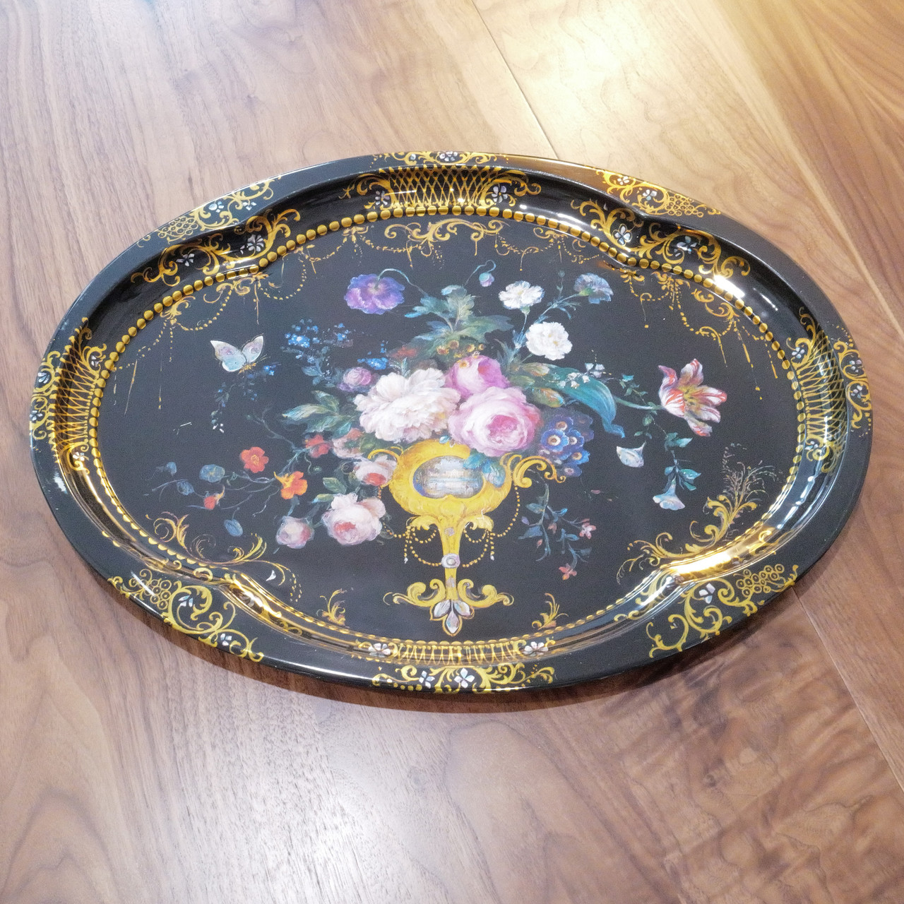 Vintage Duchess’s Tray by Patricia Machin, made in England for Chatsworth House—ornate black and gold metal tray with floral design, perfect for serving or display.