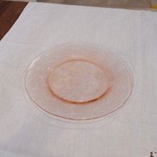 Features embossed floral and leaf pattern across the surface.  Delicate pressed glass with a romantic vintage look.