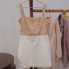 Quality constructed square neck, wide strap dress with a vibrant print linen top and ivory corduroy bottom.