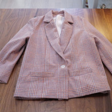 A tailored blazer jacket in blush, camel, and gray plaid.  One of a kind.