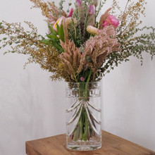 Heavy 24% lead crystal with dazzling clarity.  Overture design showcases brilliant sparkle in the light.