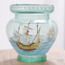 Vintage glass vase with painting of the "Discovery of America".  The Santa Maria with the year 1942 is identified in the painting.