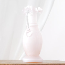 Fenton rose pitcher for Weil Glass.  Soft pink opaline collectible.  Classic ruffled Fenton top.